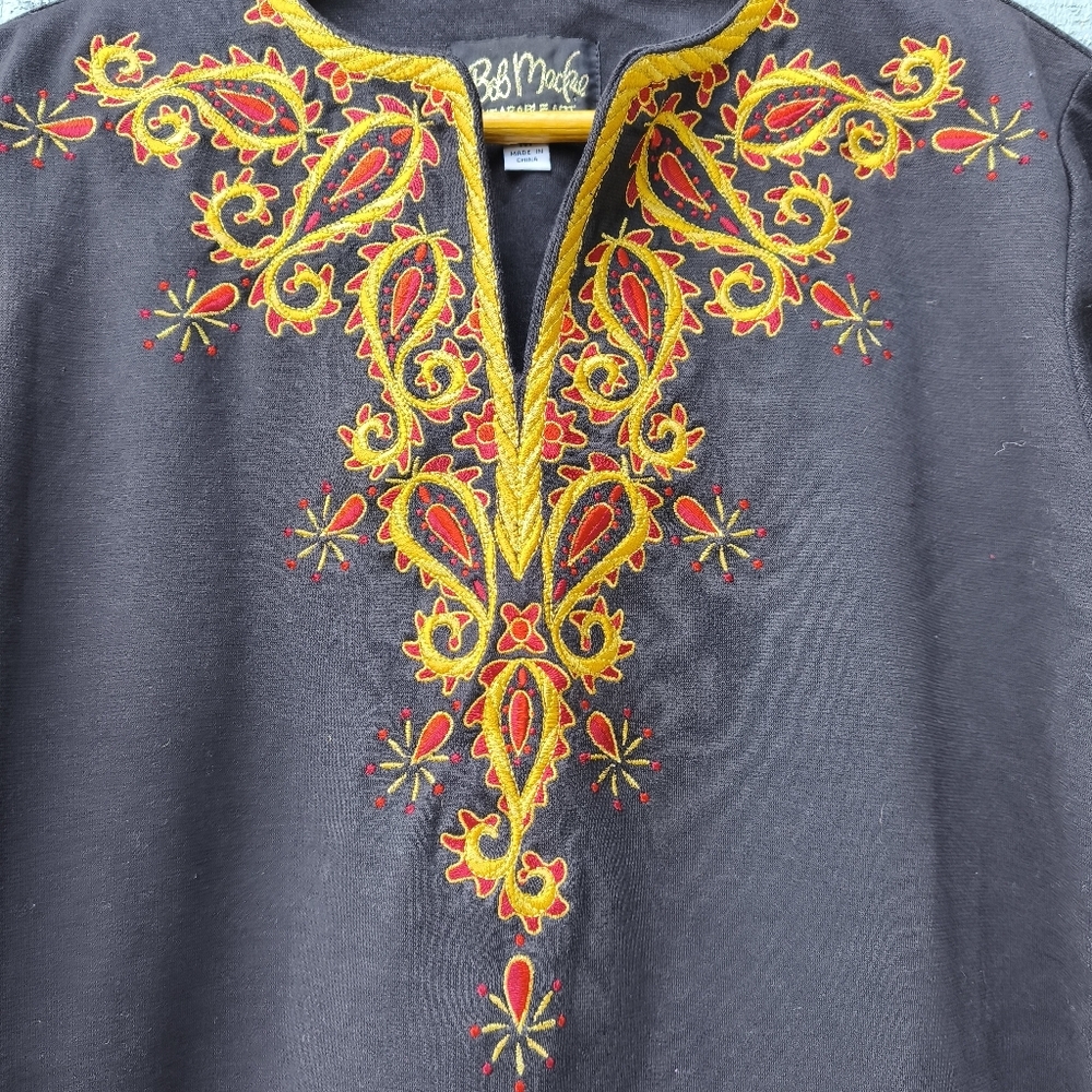 90s Bob Mackie Embroidered Ponte Knit Tunic Flare Sleeve sz M Black Gold Red - Picture 4 of 10